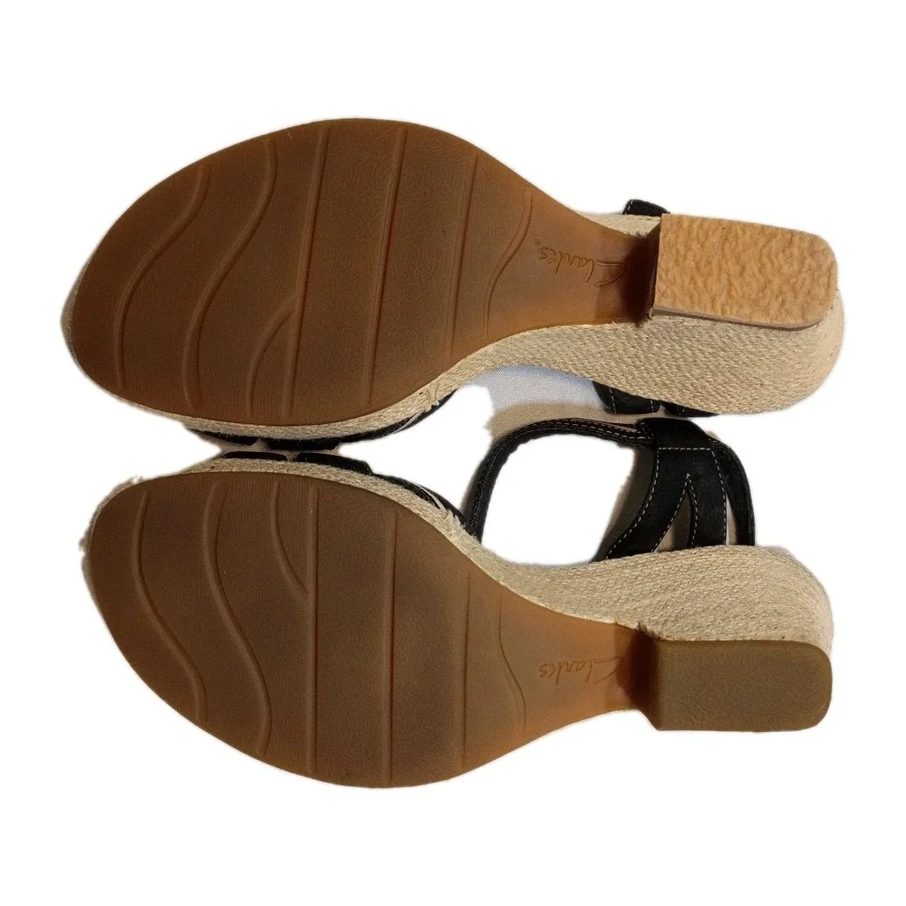 Clarks Espadrille Style Wedge Sandals Women's 10M‎ Strappy Black Leather